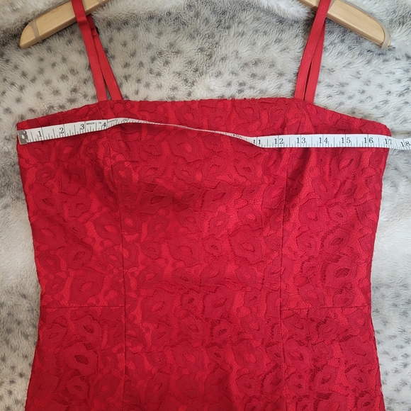 MILLY Kiss Red Lace Spaghetti Strap Slim Grace Dress With Flounce Hem - Picture 14 of 16